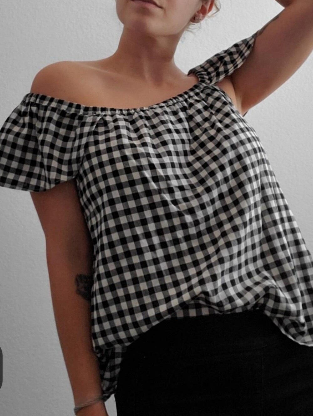J. Crew Black and White Gingham Off-Shoulder Top